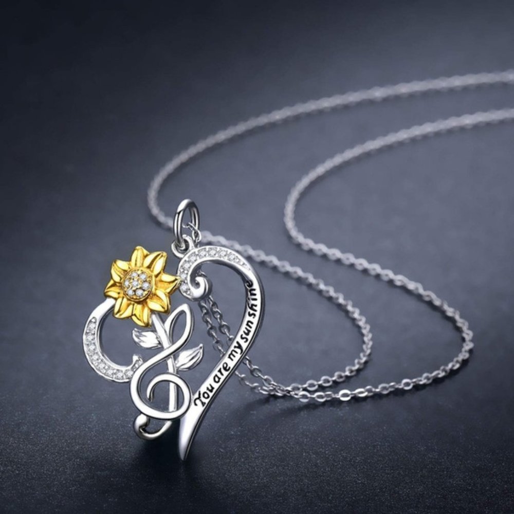 You are My Sunshine Sunflower Heart Necklace